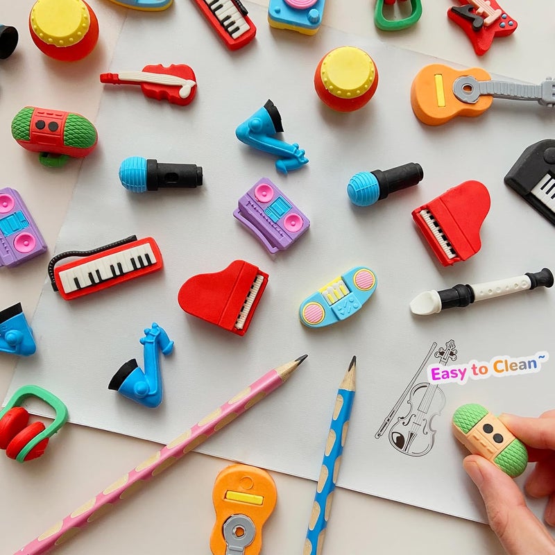 Kaemi 32 Pcs Music Erasers Desk Pets for Kids Classroom Prizes Fun Cool 3D Puzzle Erasers Bulk Mini Cute Pencil Eraser Pals Toys for Party Favors Treasure Box Goodie Bag Stuffers - Image 2